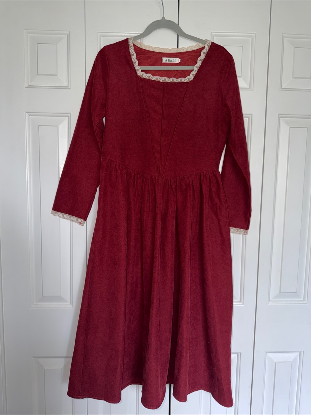 Womens Cottagecore Red Long-Sleeve Lace-Trim Dress (SEE LISTING DESC.)